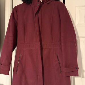 Metaphor Maroon Trench Coat with Faux Fur Collar